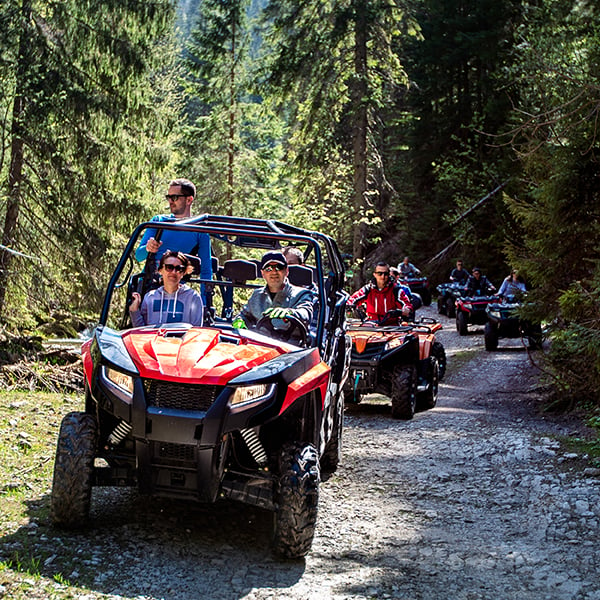 Group ATV ride through forest