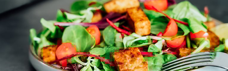 Healthy salad with roasted tempeh, fresh cherry tomatos, beetroot straws, spinash and lettuce leaves on plate.