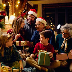 happy family exchanging holiday gifts