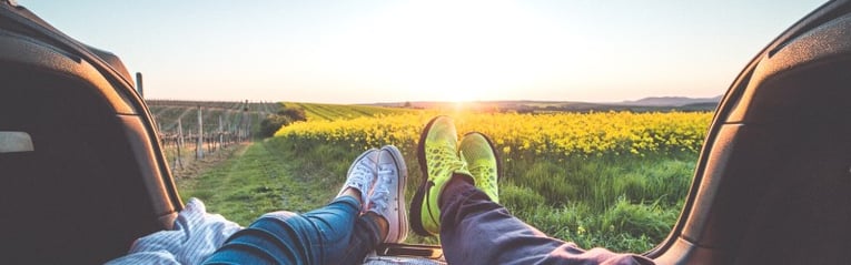 Two people sitting in the back of a car watching the sunset over a field