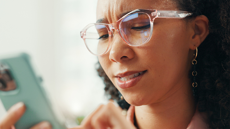 Confused, phone and reading with woman, fake news and clickbait post