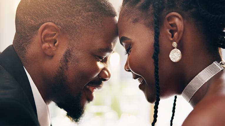 Wedding, forehead and black couple with love, smile and bonding together with happiness.